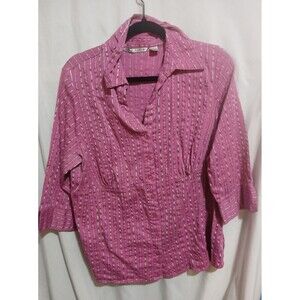 FRED DAVID Women's 1X Pink Orange White Grey Striped Button Up Blouse Shirt
